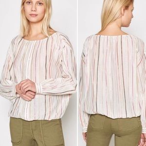 JOIE Satomi Boatneck Metallic Stripe Button Blouse Tunic Boho Cream Size XS